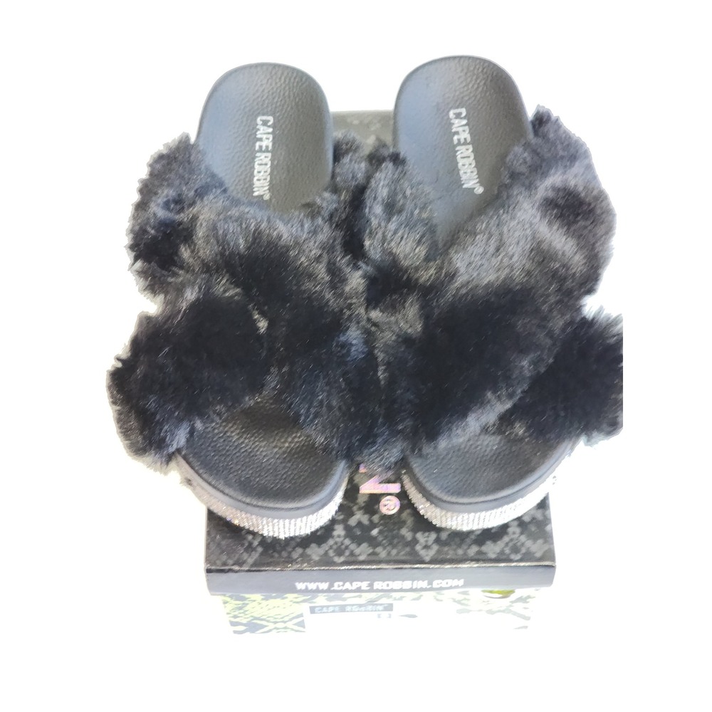 Cape Robbin Spotty Black Faux Fur Rhinestone Platform Slides Sandals Size 9